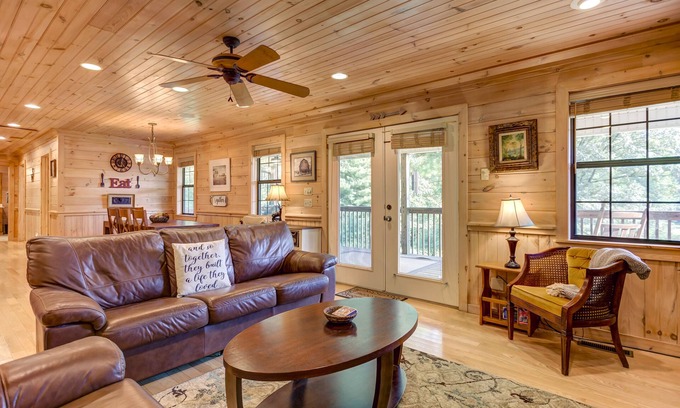 McCaysville Cabin | Idyllic Pond-Front Cabin with Hot Tub & Game Room