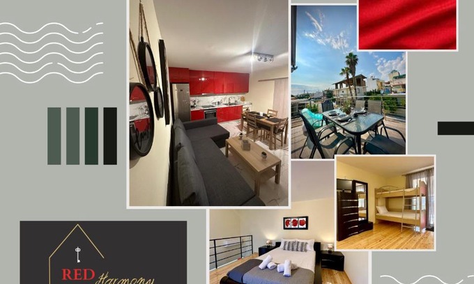 Akovitika Apartment | Idyllic Red Harmony by the Sea with Pool and Ocean View