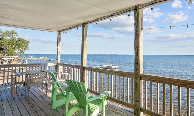 Minnesott Beach House | Waterfront River House with Private Dock & Hot Tub