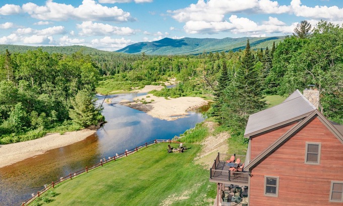 Twin Mountain House | Riverfront Cabin with Fireplace & Fire Pit in White Mountains