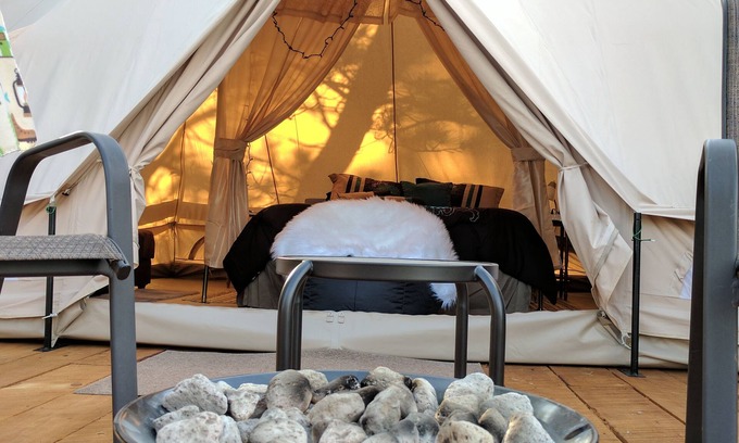 Hot Springs RV Rental | Unforgettable Sibley Bell Tent @EvansCliff with Hot Tub