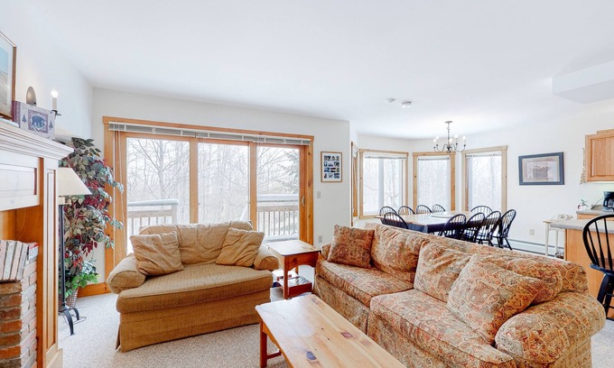 North Troy Condo | Inviting Ski-in/Ski-out Condo with Fireplace & Mountain Views