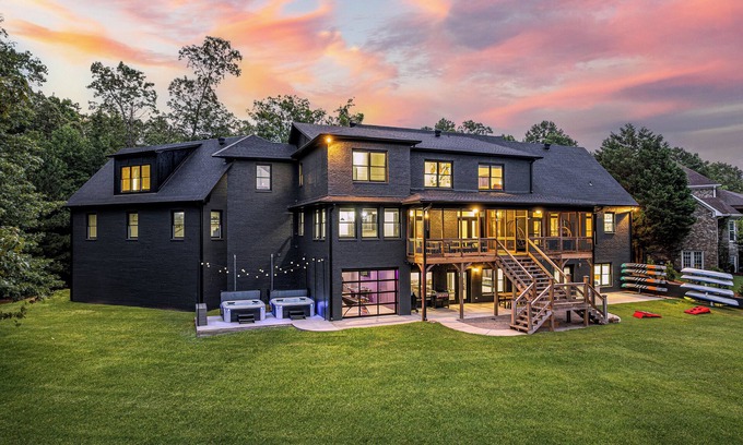 Arley House | Spacious Lakefront Estate: 2 Hot Tubs, Dock, Game Room, Sleeps 38, Tennis Court
