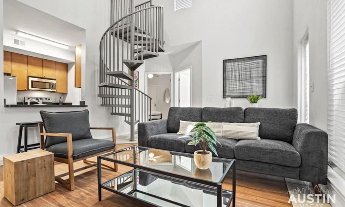 West Campus Apartment | Charming Loft Bedroom with Balcony and Child-Friendly Amenities