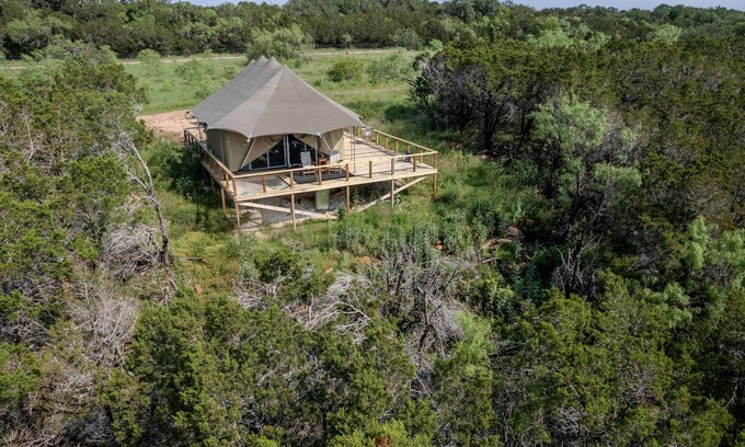 Marble Falls Cabin | Cozy Mountain View Glamping Tent near Austin & San Antonio