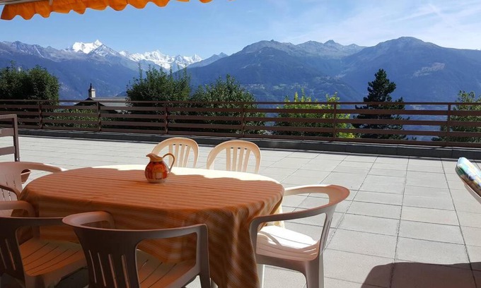 Randogne Apartment | Bright 2 BR Oasis with Large Terrace and Pool Views