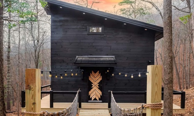 Asheville Cabin | Cozy Treehouse Log Cabin with Outdoor Tubs & Waterfall