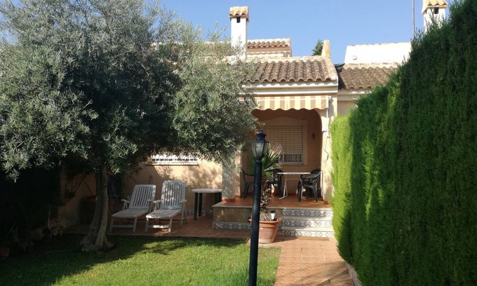 El Algar Villa | View of the sea and the private garden with palm trees and an olive tree.