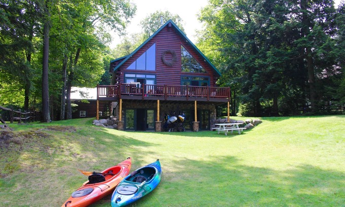 Old Forge Cabin | Waterfront Log Home: Family-Friendly with Pool & Lake Views