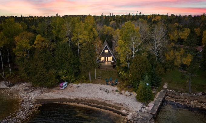 Ellison Bay Cabin | Waterfront A-frame: Vintage Character with Ocean and Lake Views
