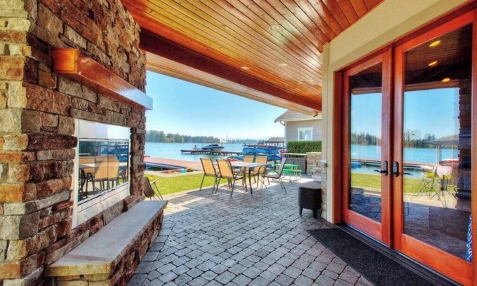 Bonney Lake Cabin | Inviting Waterfront Cabana with Fireplace & Hot Tub Escape