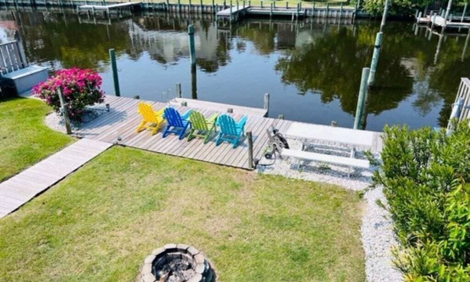 Colington Harbour House | Waterfront Retreat with Game Room, Hot Tub & Ocean View