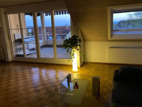 Schaffhausen Apartment | Zimmer direk am Waldrand mit Ausblick über Schaffhausen und Wohnzimmer mit Kamin