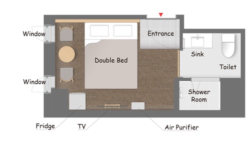 Private Room for 1-2 with Private Shower room, Non Smoking (Double Bed)