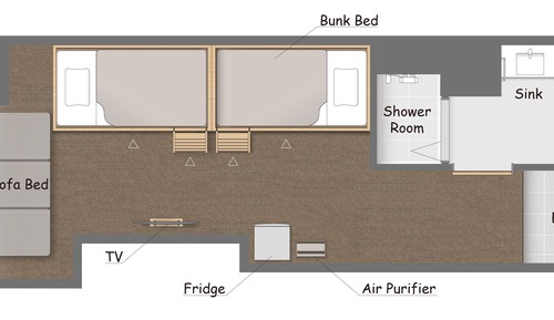 Private Room for 4-5 with Private Shower room, Non Smoking(2 Bunk Beds + Sofa)